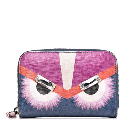 Fendi Vitello Elite Crystal Eye Monster Mini Zip Around Wallet Cobalt Lavender Pink 1 of 13