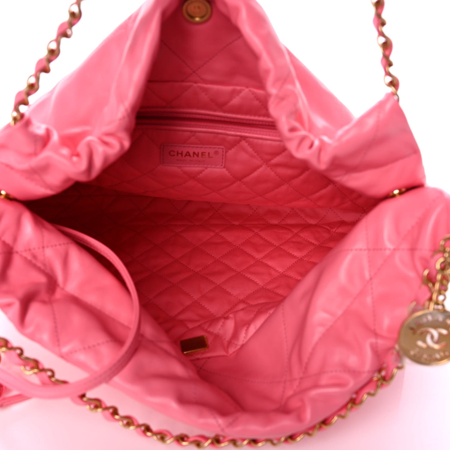 Shiny Calfskin Quilted Chanel 22 Drawstring Bag Coral Pink