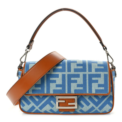 Fendi Denim Vitello King FF Embroidered Baguette Denim Chiaro Brandy 1 of 9