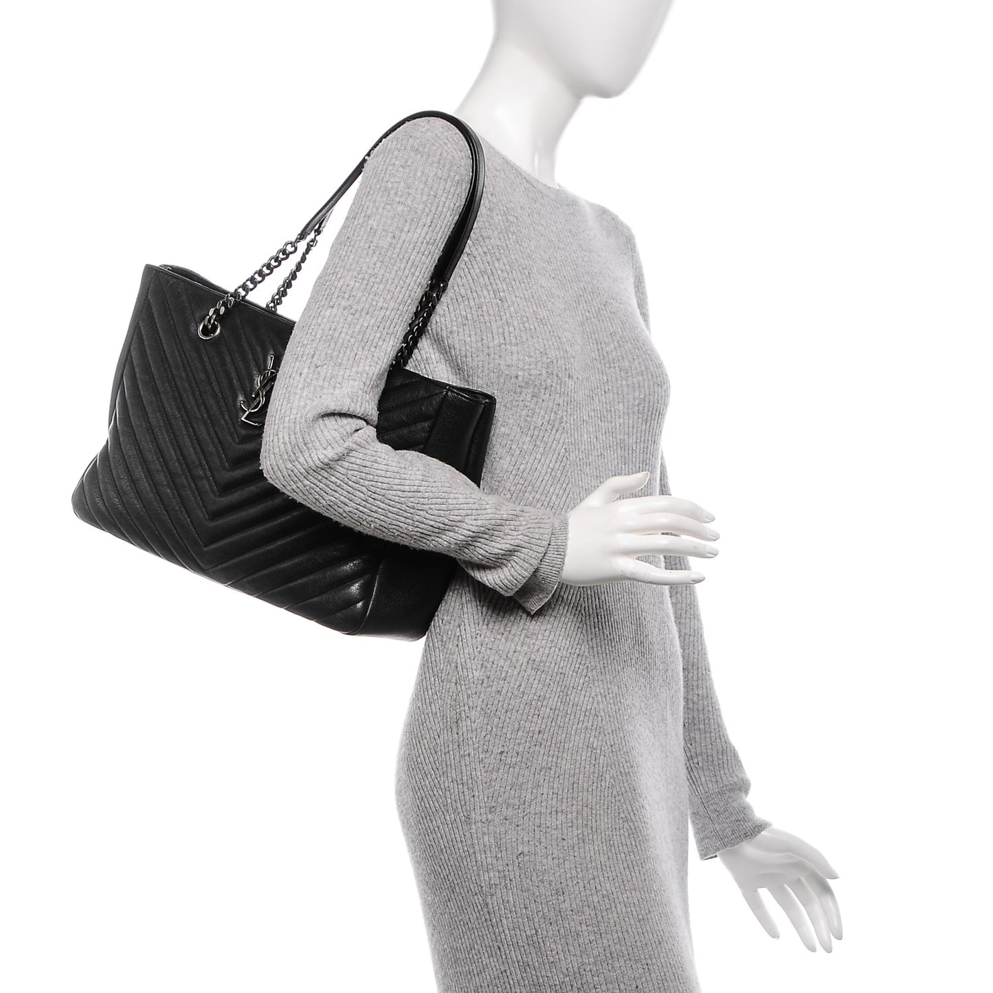 Sheepskin Matelasse Chevron Large Monogram Shopping Bag Black