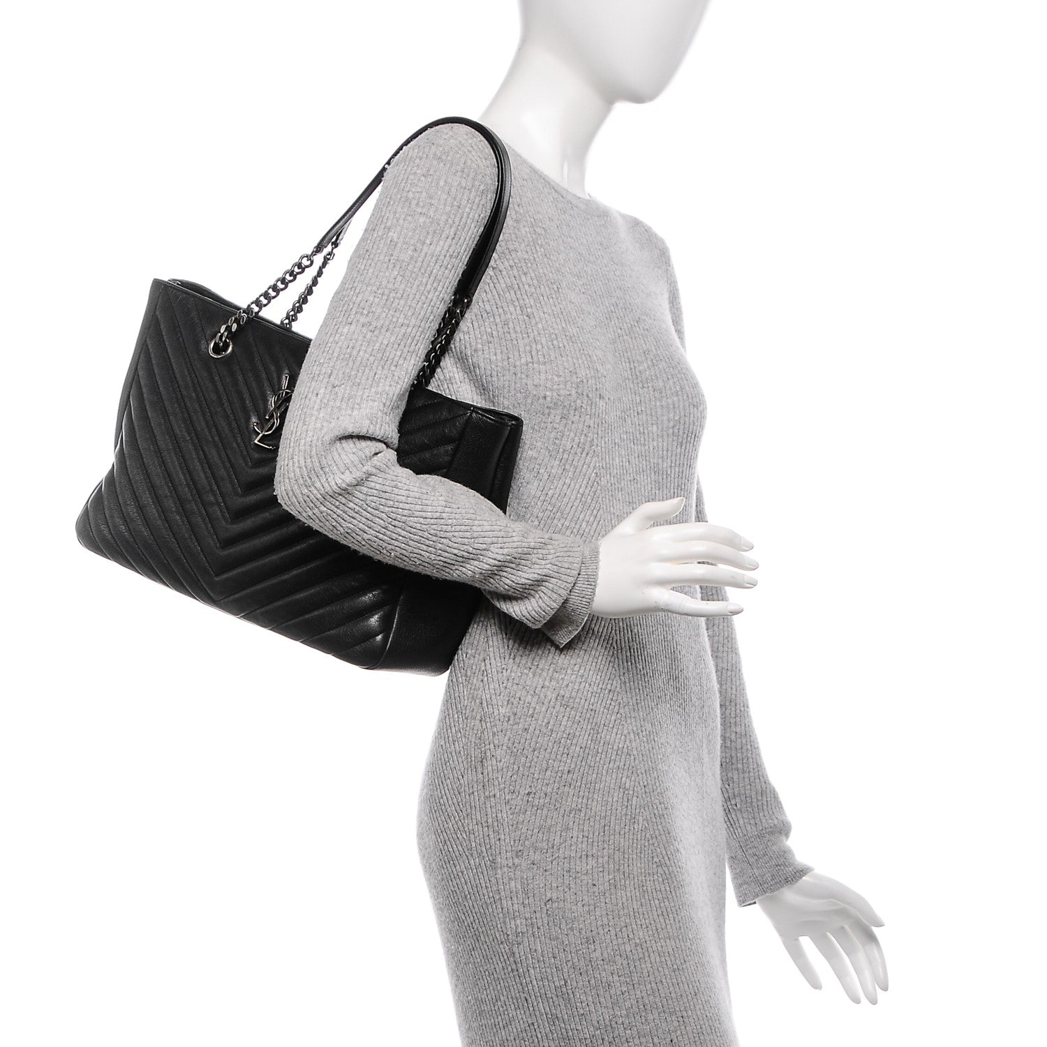 Saint Laurent Sheepskin Matelasse Chevron Large Monogram Shopping Bag Black 2 of 6