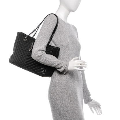 Saint Laurent Sheepskin Matelasse Chevron Large Monogram Shopping Bag Black 2 of 6