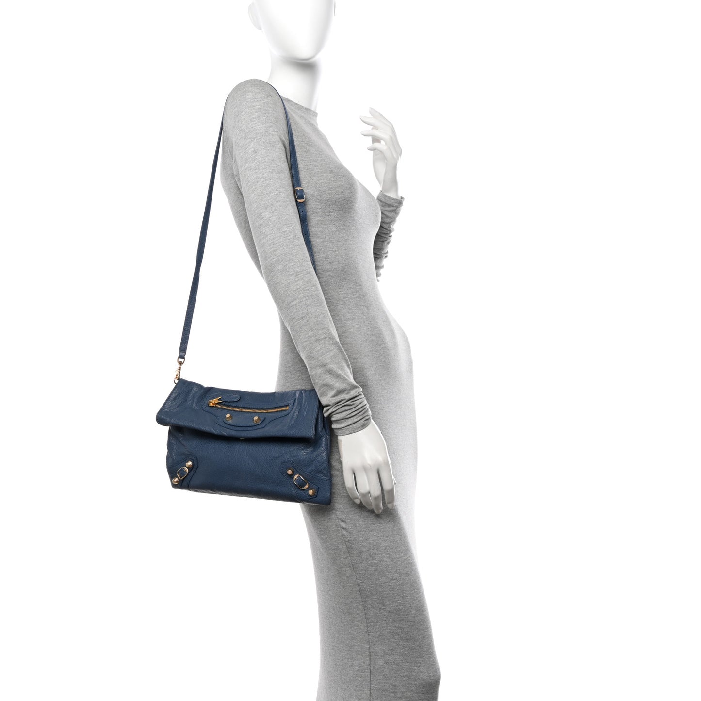 Agneau Giant 12 Gold Hardware Envelope Strap Clutch Bleu Persan