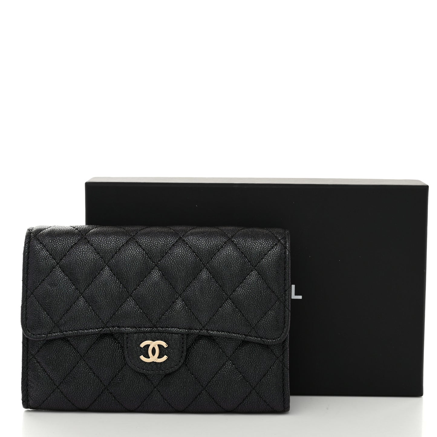 Iridescent Caviar Quilted Medium Flap Wallet Black