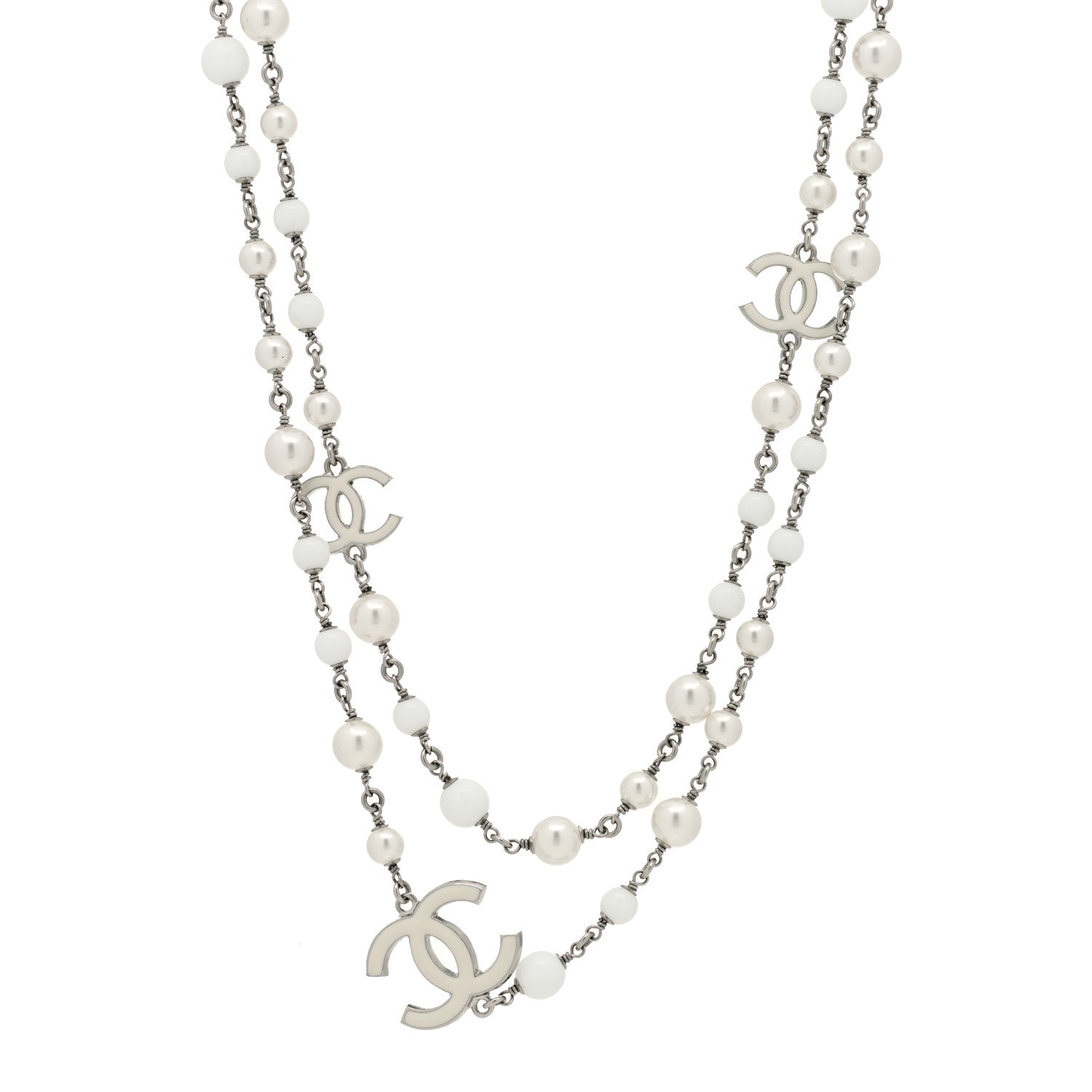 Chanel Pearl Beaded Enamel CC Long Necklace White 1 of 5