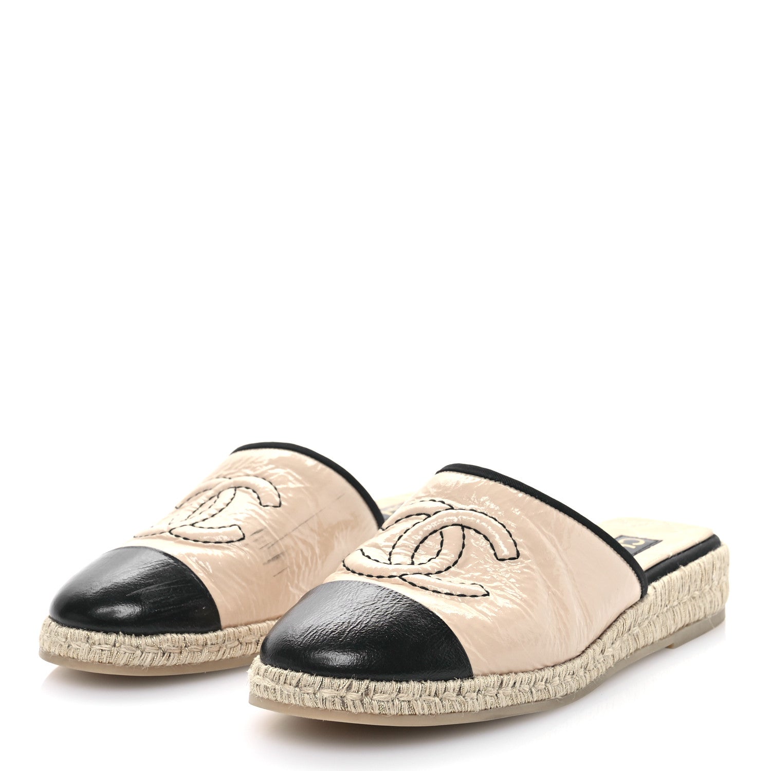 Chanel Crumpled Goatskin CC Espadrille Mules 40 Beige Black 3 of 8