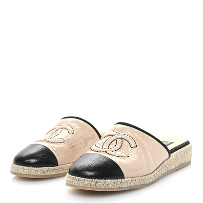 Chanel Crumpled Goatskin CC Espadrille Mules 40 Beige Black 3 of 8