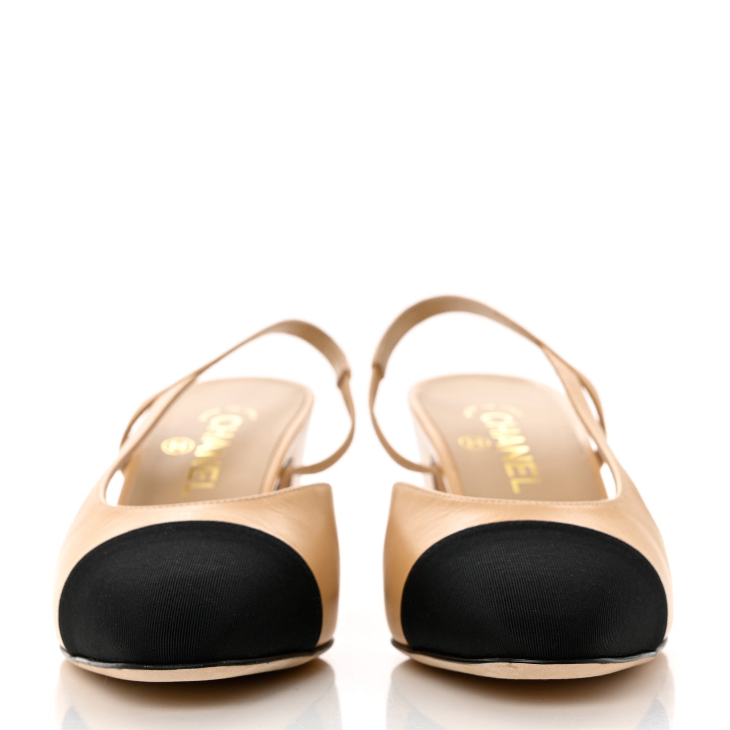 Goatskin Grosgrain Cap Toe CC Slingback Pumps 39.5 Beige Black