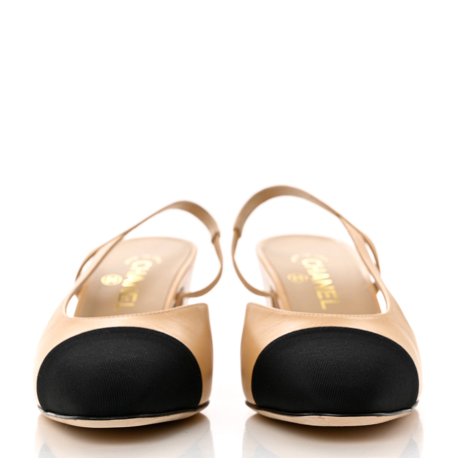 Chanel Goatskin Grosgrain Cap Toe CC Slingback Pumps 39.5 Beige Black 2 of 11