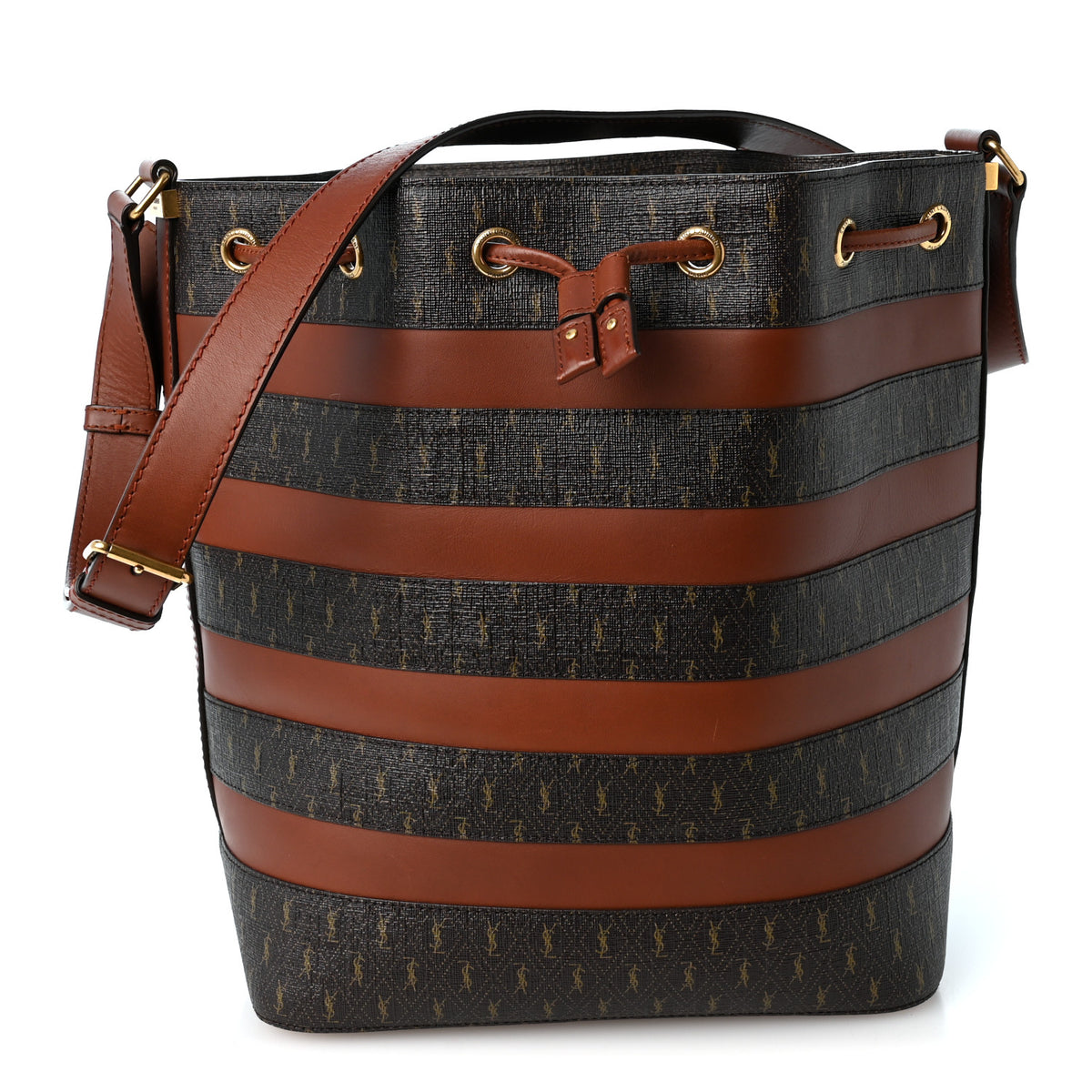 Saint Laurent Canvas Smooth Calfskin Le Monogramme Striped Bucket Bag Brown 1 of 11