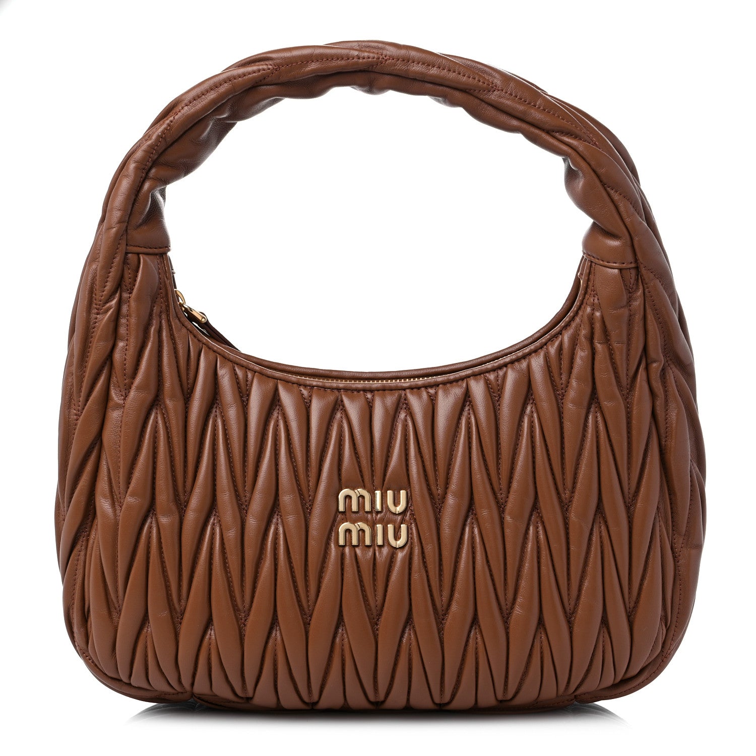 image of MIU MIU Nappa Matelasse Wander bag in size Large in the color Cognac by fashionphile