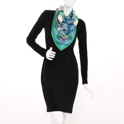 Hermes Silk Mousseline Brins D Or 90 Scarf Emeraude Blanc Bleu 2 of 7