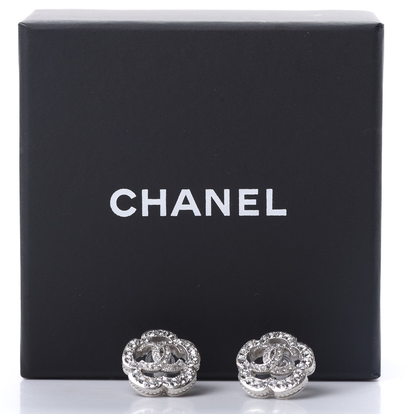 Crystal Coco Flapper Camellia CC Stud Earrings Silver