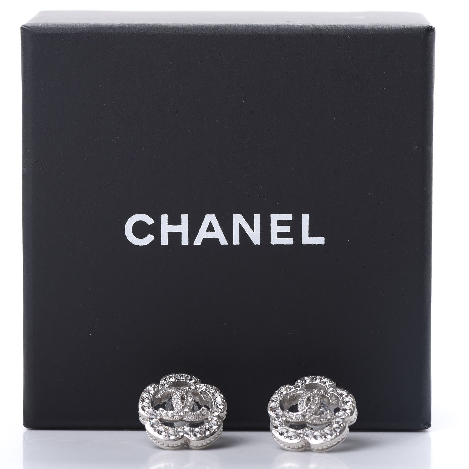 Chanel Crystal Coco Flapper Camellia CC Stud Earrings Silver 5 of 5