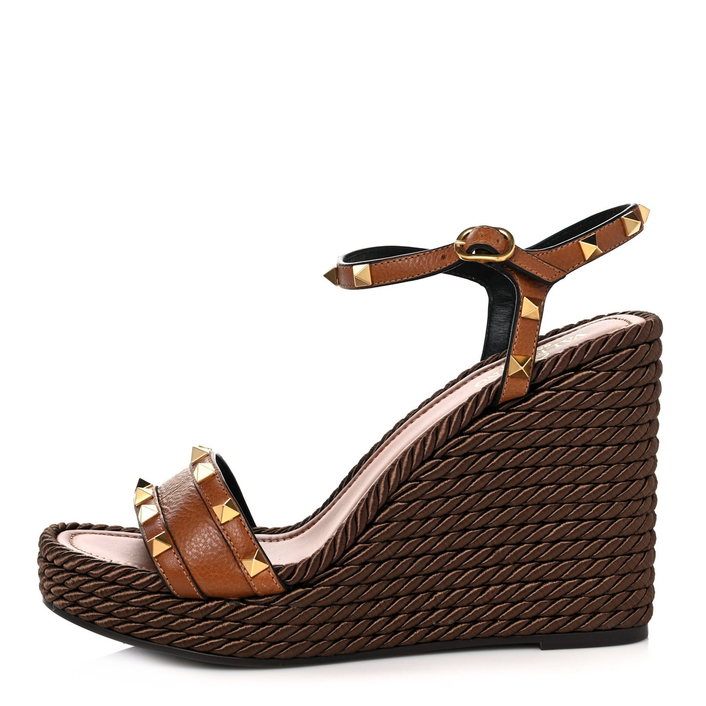 Calfskin Rockstud Torchon Espadrille 25/115mm Wedge Sandals 40 Cuoio