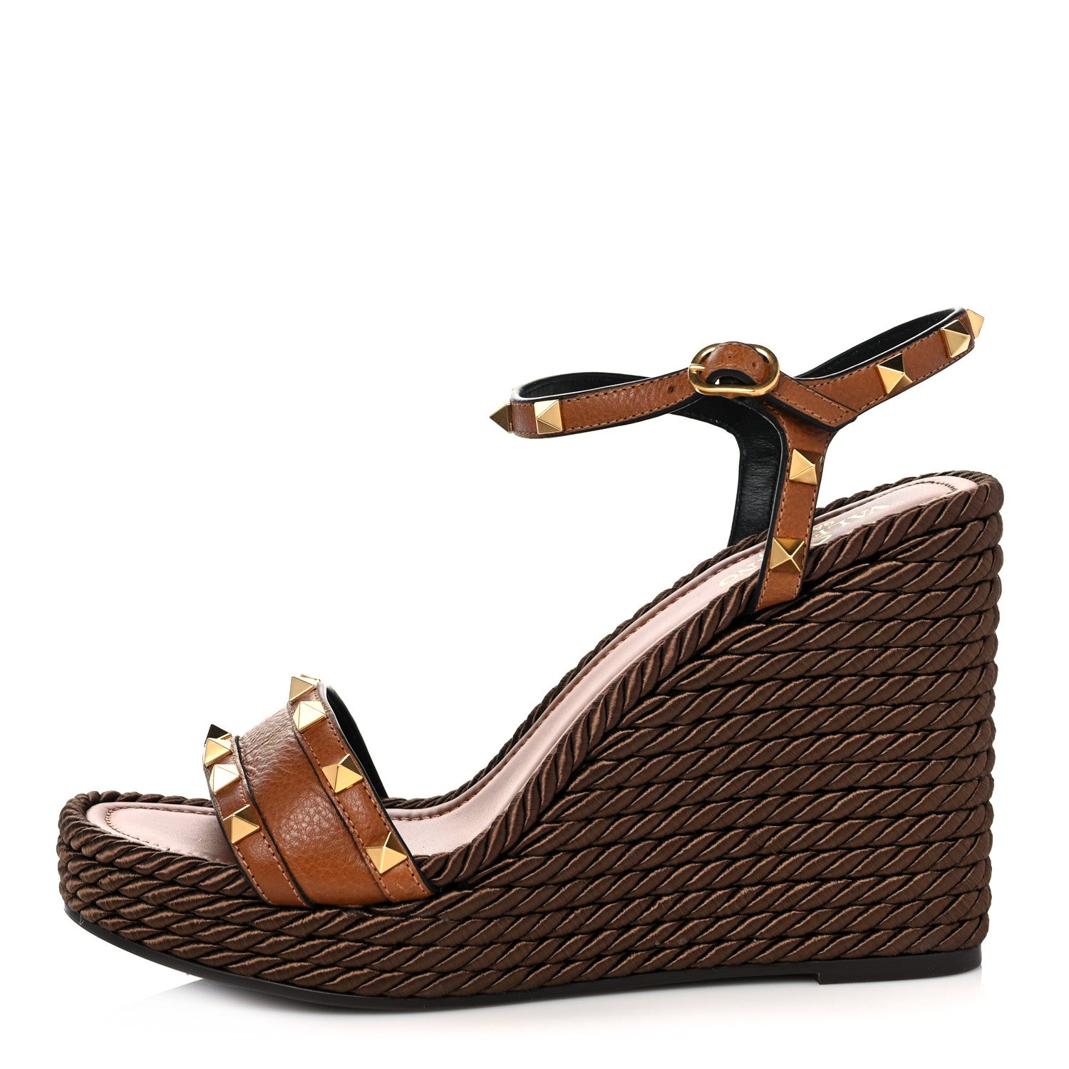 Valentino Garavani Calfskin Rockstud Torchon Espadrille 25/115mm Wedge Sandals 40 Cuoio 1 of 8