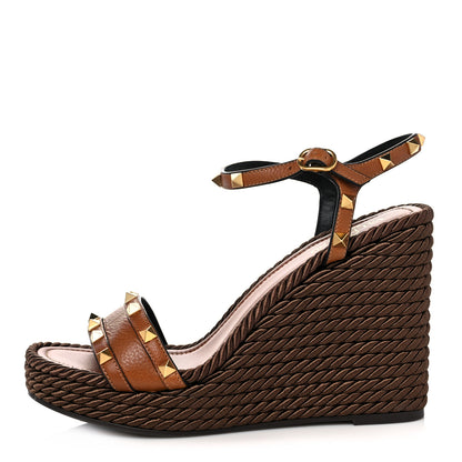 Valentino Garavani Calfskin Rockstud Torchon Espadrille 25/115mm Wedge Sandals 40 Cuoio 1 of 8