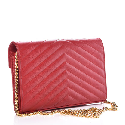 Saint Laurent Grain De Poudre Matelasse Chevron Monogram Chain Wallet Red 3 of 10