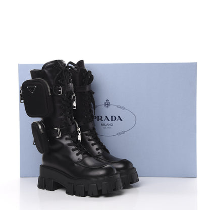 Prada Vitello Lux Nylon Metal Triangle Logo Monolith Pouch Pocket 55mm Tall Combat Boots 35 Black 8 of 8