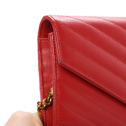 Saint Laurent Grain De Poudre Matelasse Chevron Monogram Envelope Chain Wallet New Red 10 of 11