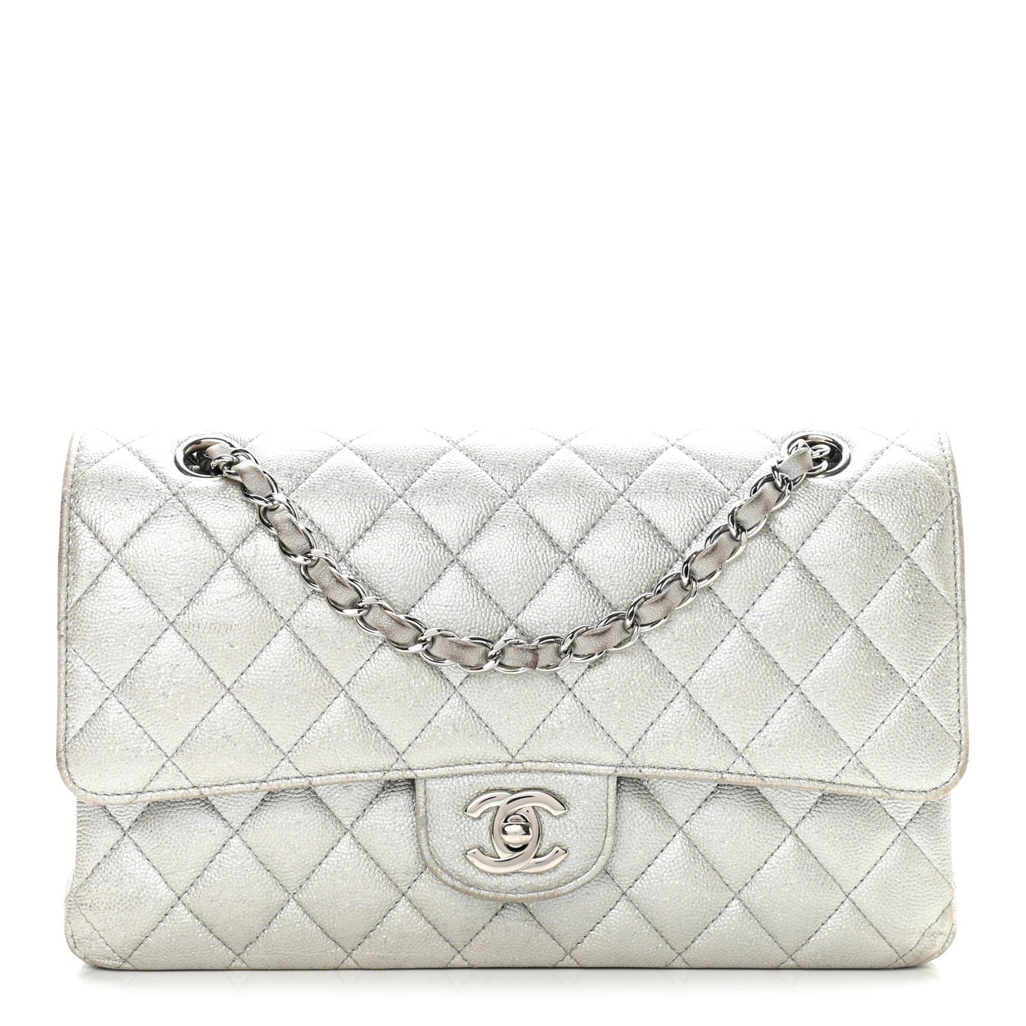 Glittered Metallic Caviar Quilted Medium Double Flap Silver