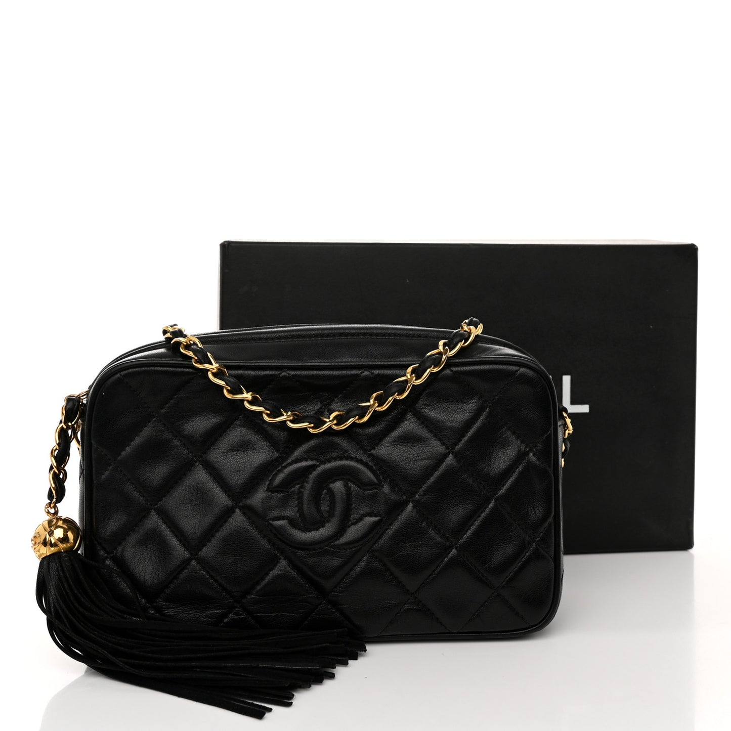 Lambskin Quilted Tassel Camera Case Black