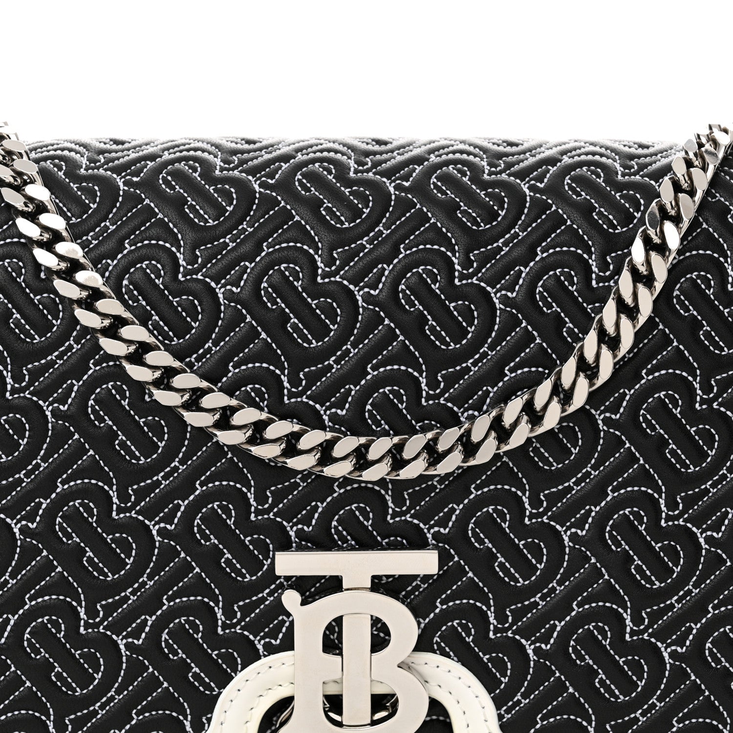 Burberry Calfskin Monogram Embossed Medium TB Chain Bag Black White 7 of 15