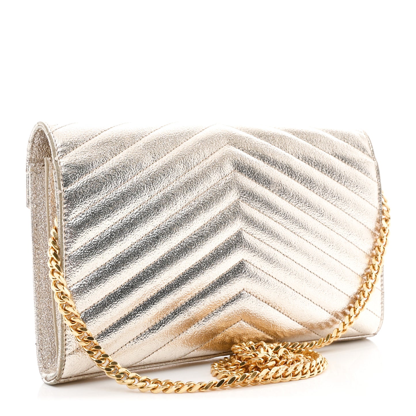 Metallic Crackled Calfskin Matelasse Chevron Monogram Chain Wallet Gold