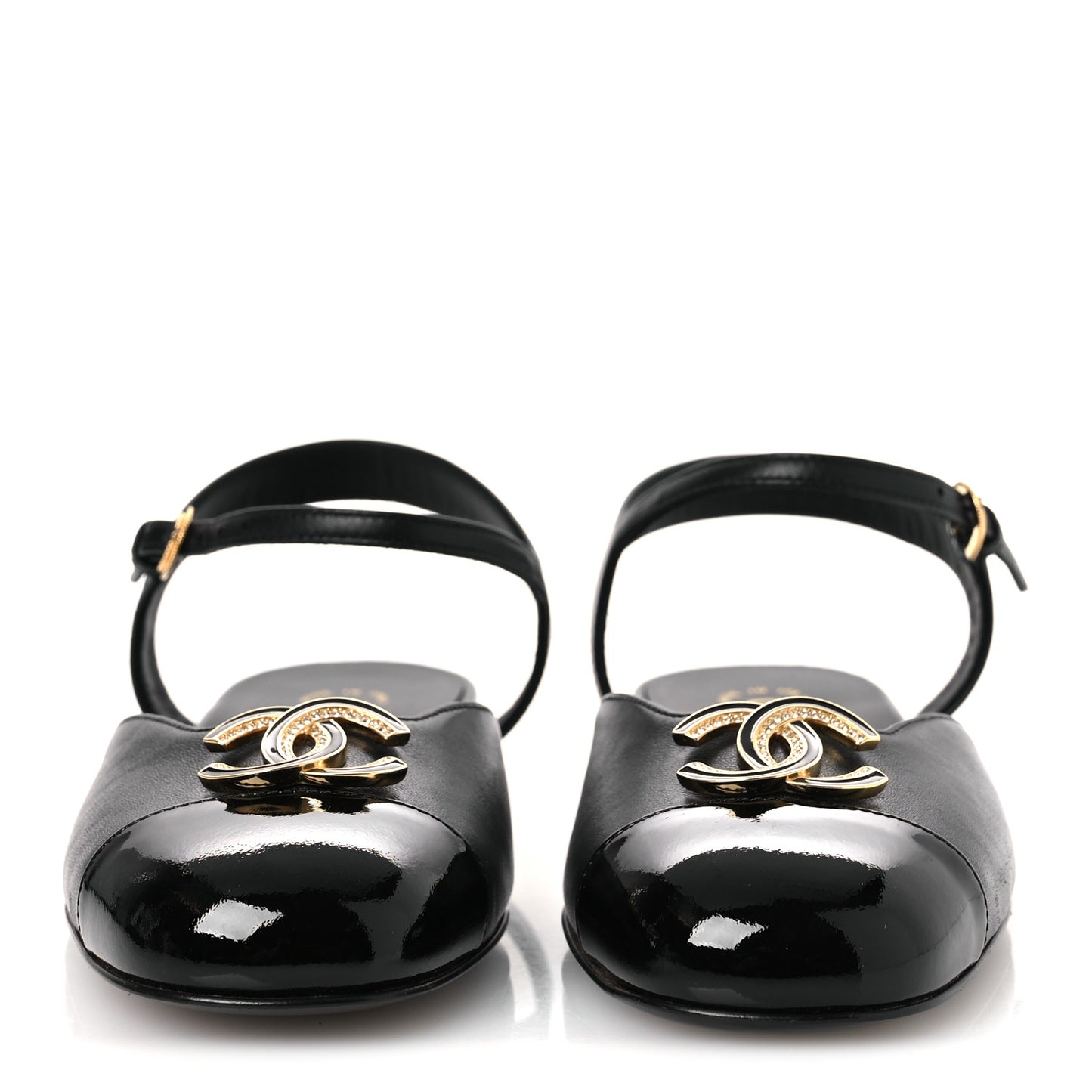 Lambskin Patent Cap Toe Crystal Enamel CC Mary Jane Slingback Flats 36 Black
