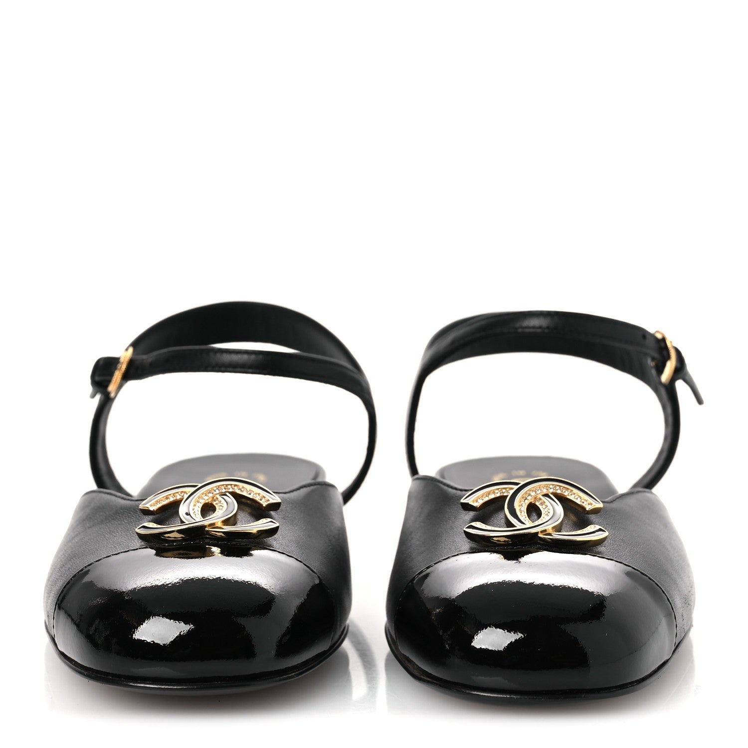 Chanel Lambskin Patent Cap Toe Crystal Enamel CC Mary Jane Slingback Flats 36 Black 3 of 12