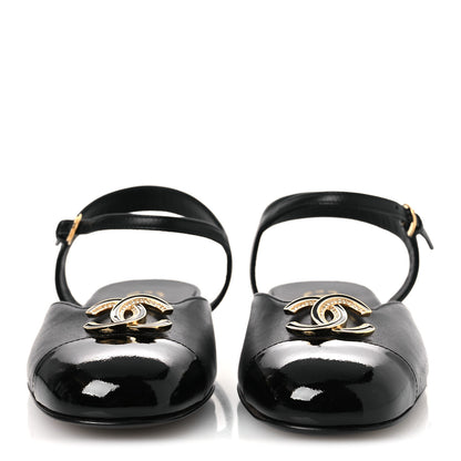 Chanel Lambskin Patent Cap Toe Crystal Enamel CC Mary Jane Slingback Flats 36 Black 3 of 12