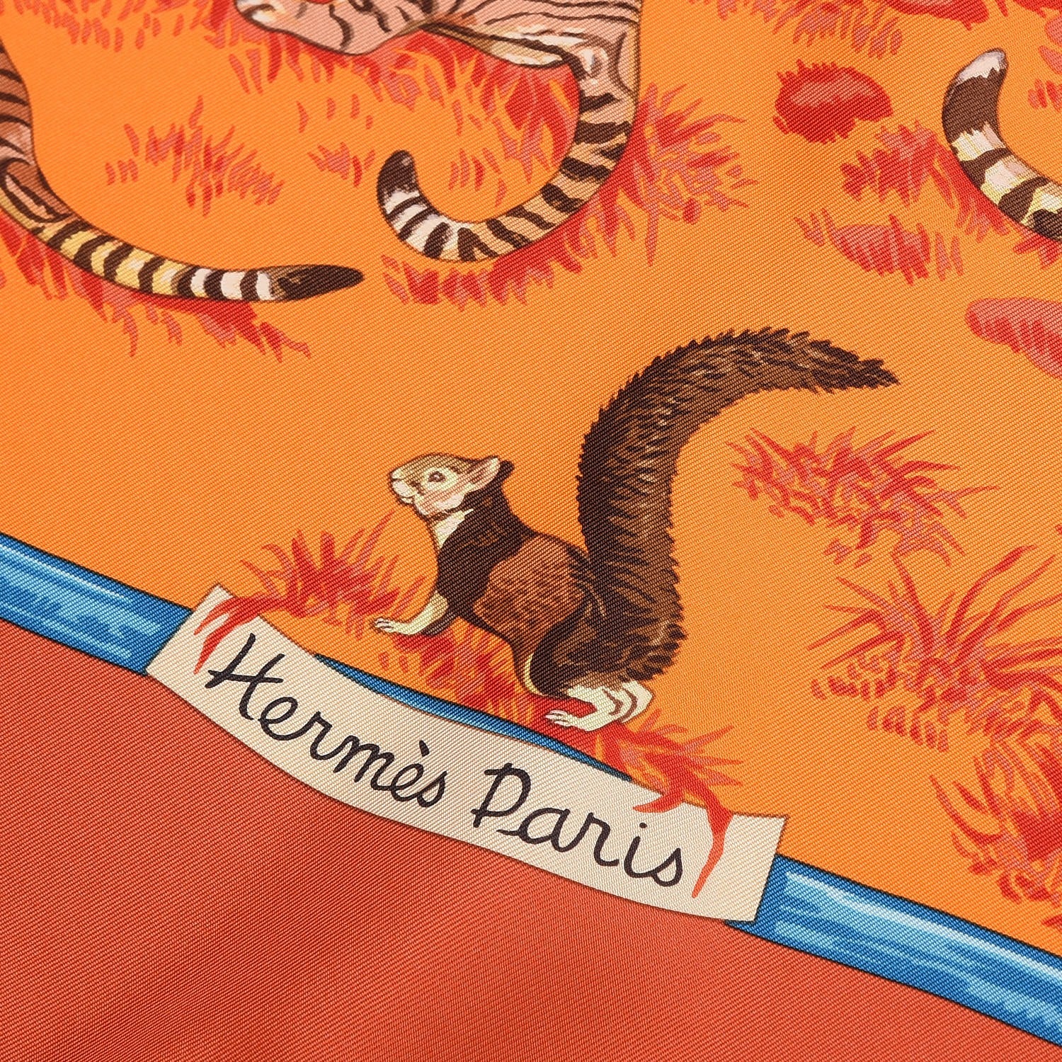Hermes Silk Tendresse Feline Scarf 90 Brique Orange Bleu 3 of 8