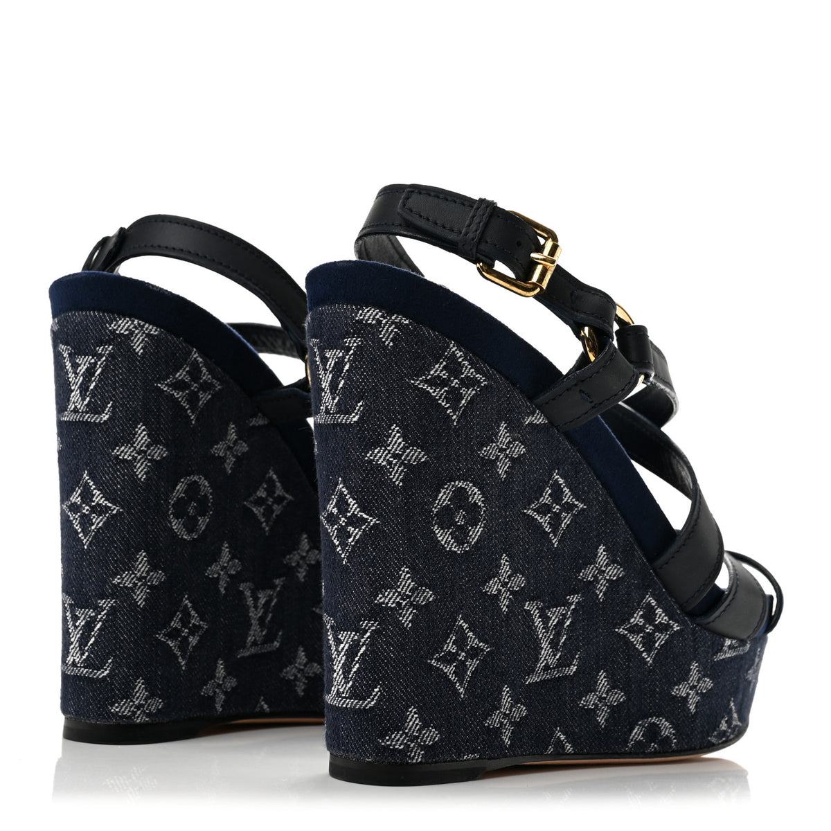 Louis Vuitton Calfskin Monogram Denim Ocean Wedge Sandals 38.5 Blue 5 of 11