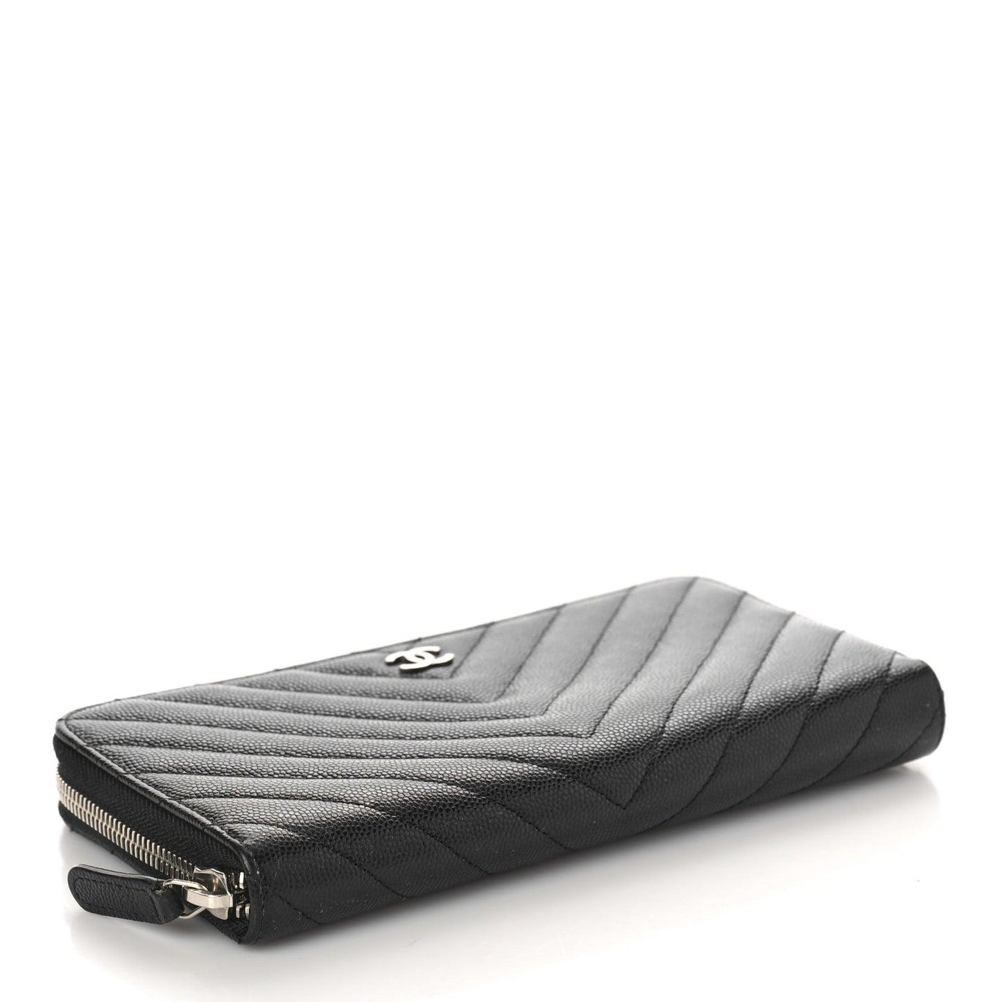 Caviar Chevron Quilted Large Gusset Zip Around Wallet Black