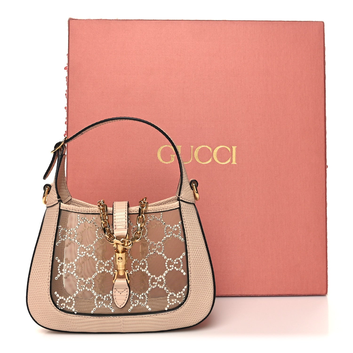 Gucci Lizard Mesh Crystal GG Monogram Mini Jackie 1961 Hobo Light Powder Skin Rose 11 of 11