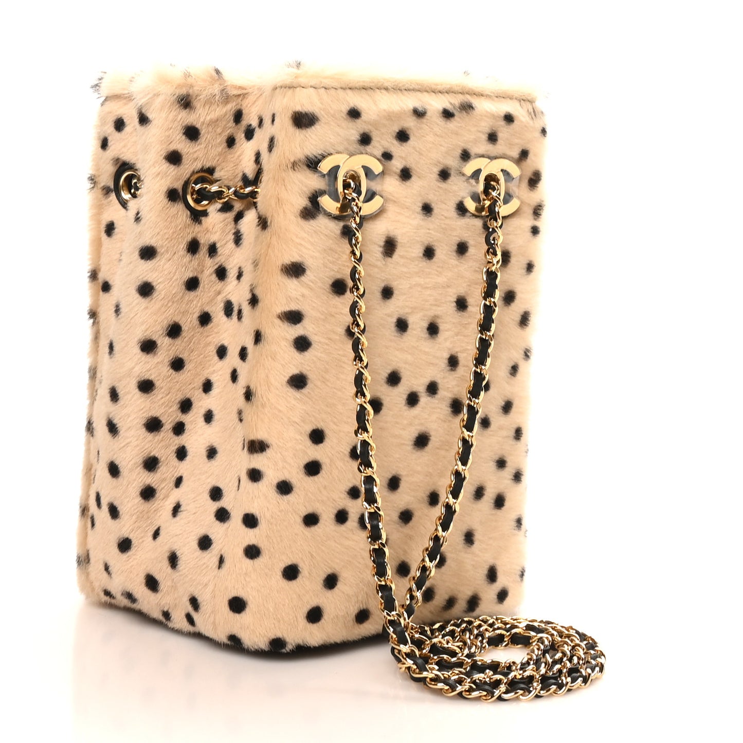 Pony Hair Cheetah Printed CC Chain Bucket Bag Light Beige Black