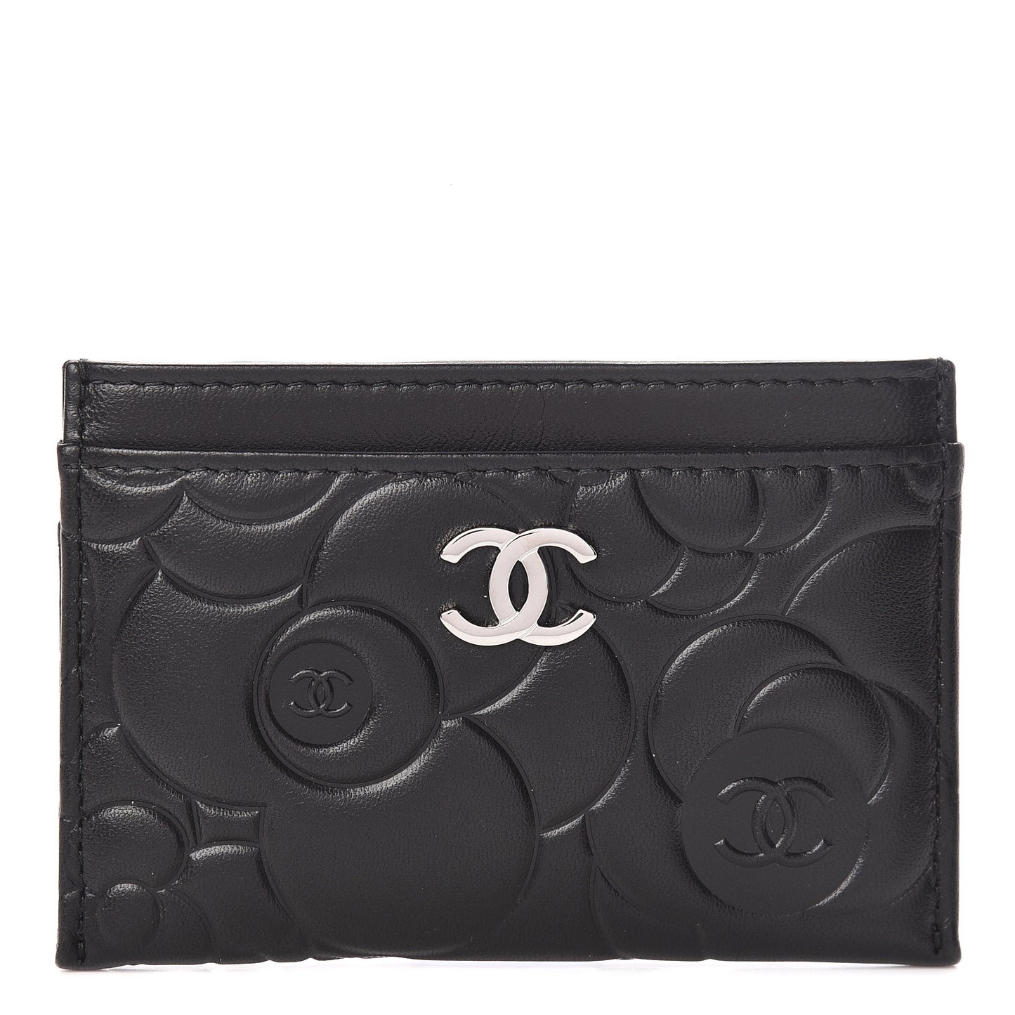 Lambskin Camellia Embossed Card Holder Black