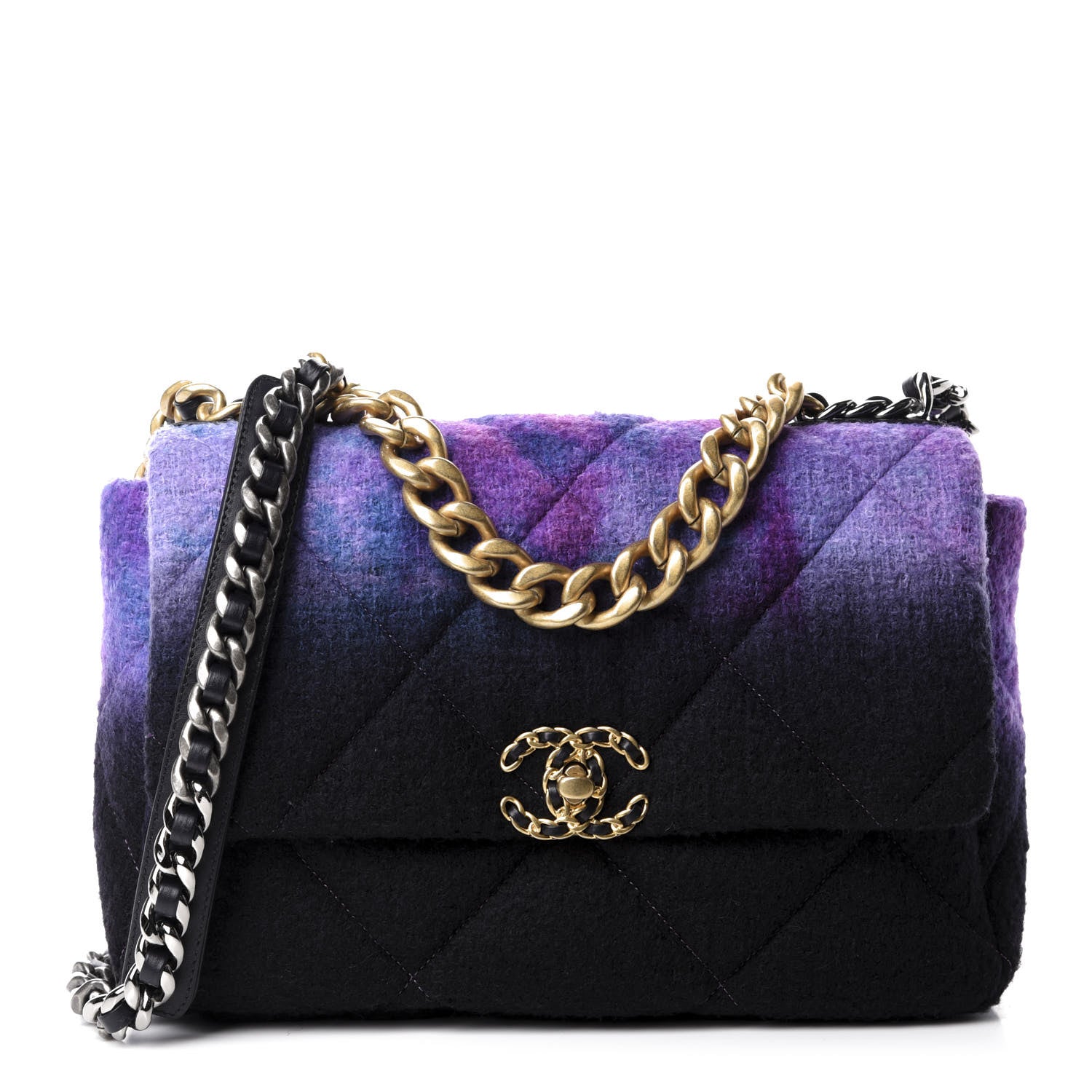 Chanel Wool Tweed Quilted Large 19 Flap Purple Black Blue 1 of 11