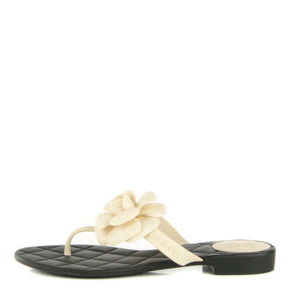 Chanel Jelly Quilted Camellia Thong Sandals 36 Black White 1 of 7