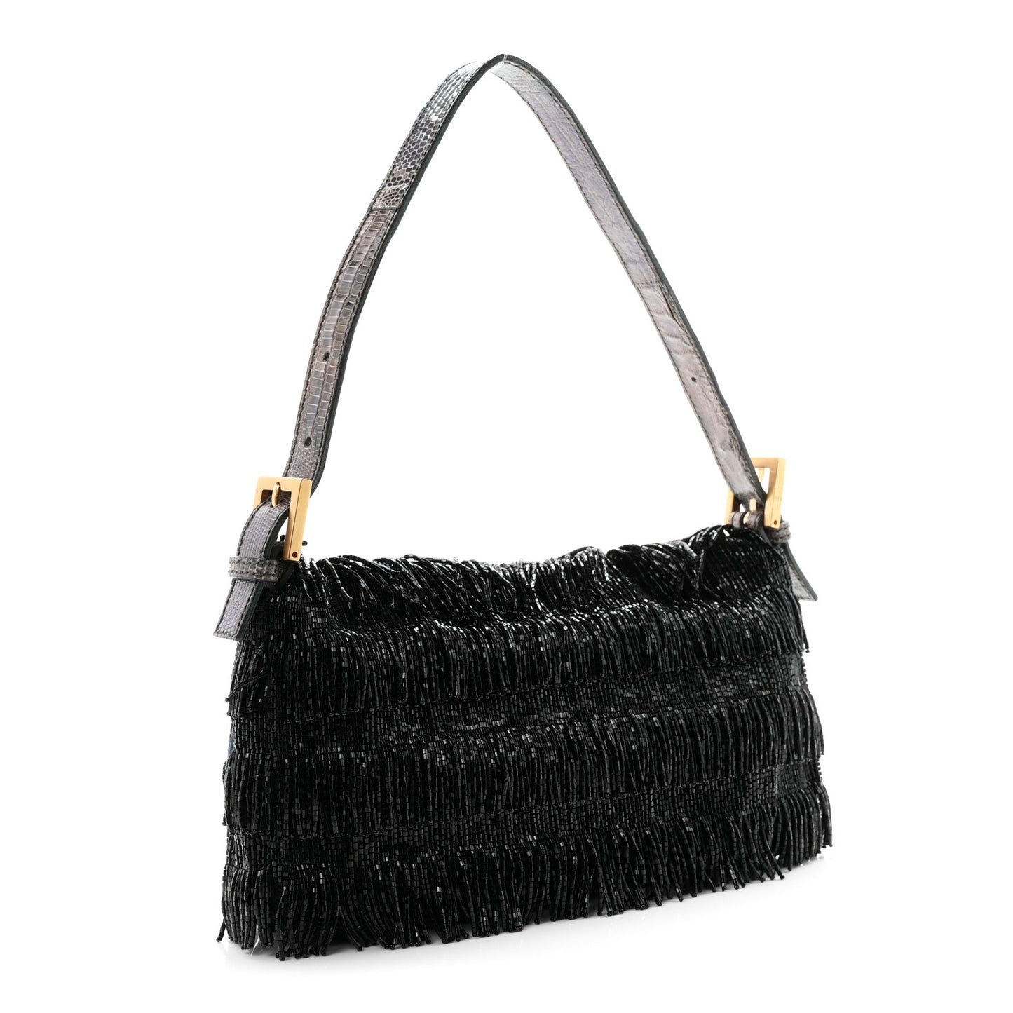Iridescent Lizard Beaded Fringe Baguette Black