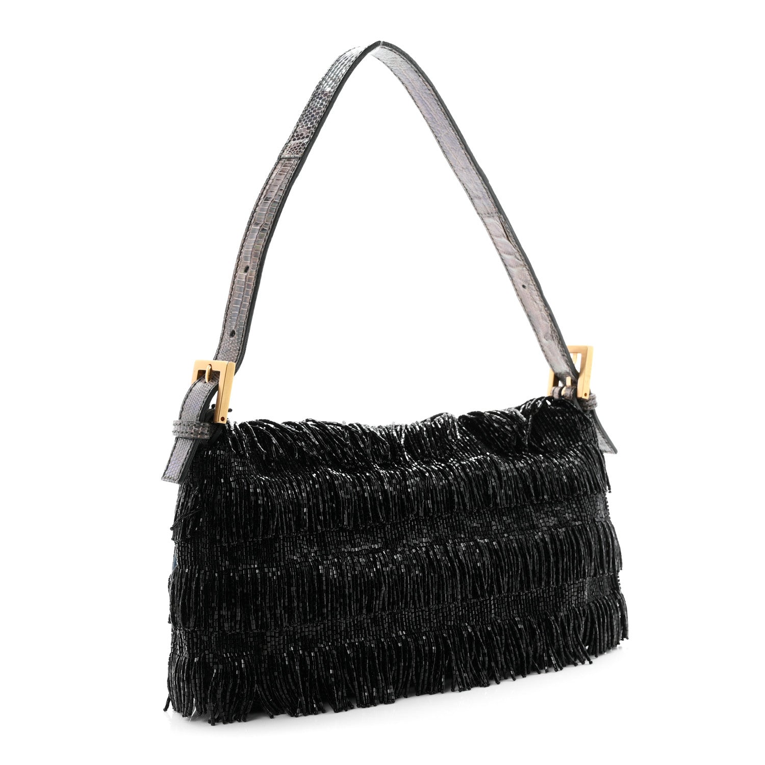 Fendi Iridescent Lizard Beaded Fringe Baguette Black 3 of 9
