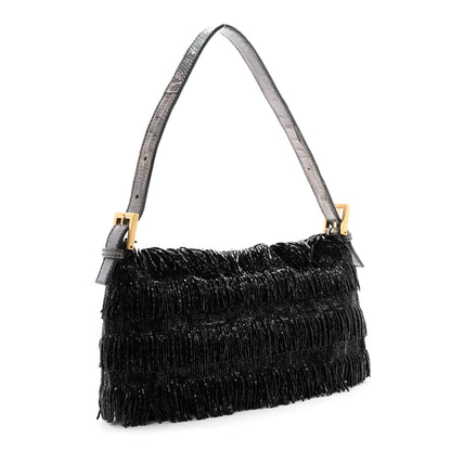 Fendi Iridescent Lizard Beaded Fringe Baguette Black 3 of 9