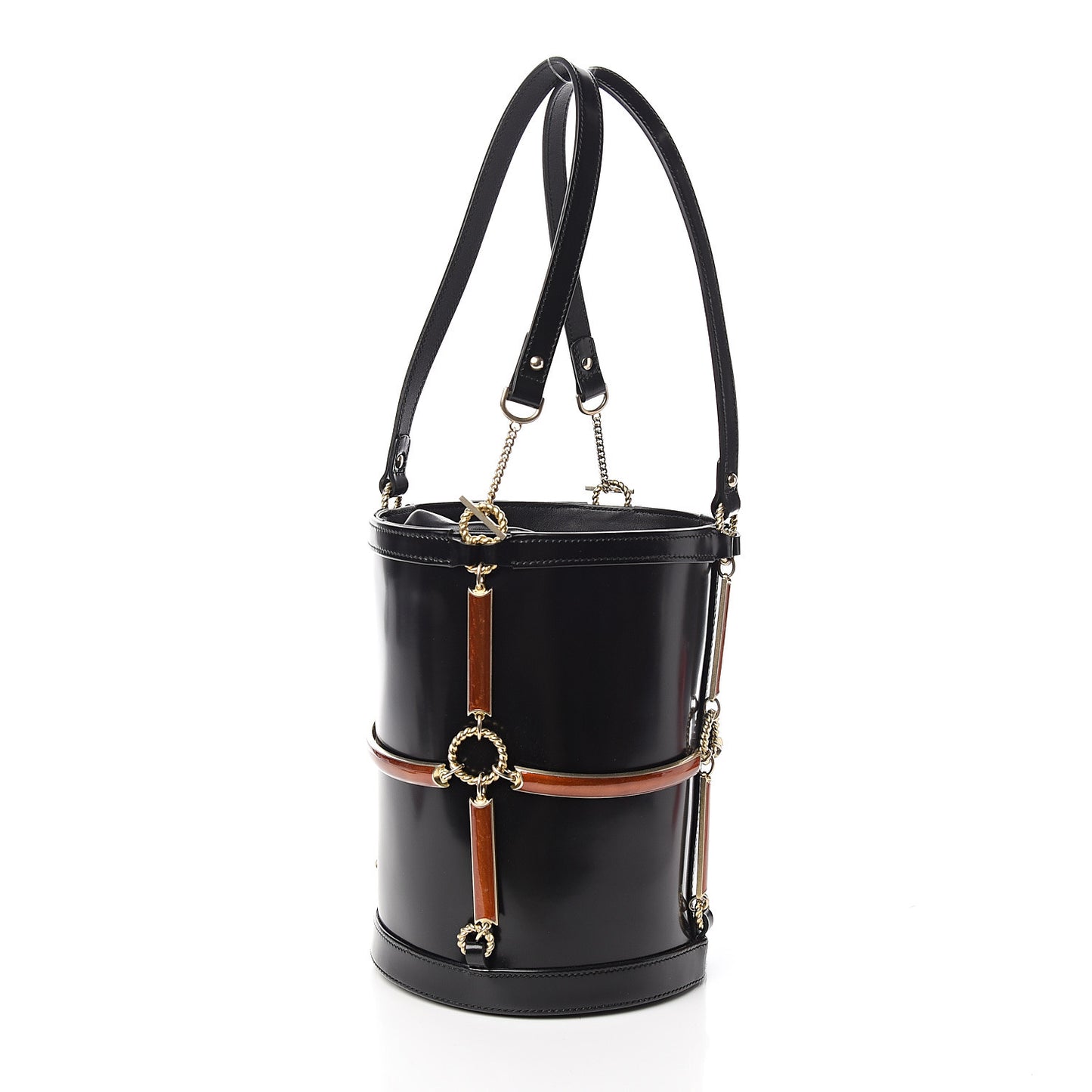 Lambskin Vinyl Enamel Mini Bucket Bag Black Ruggine