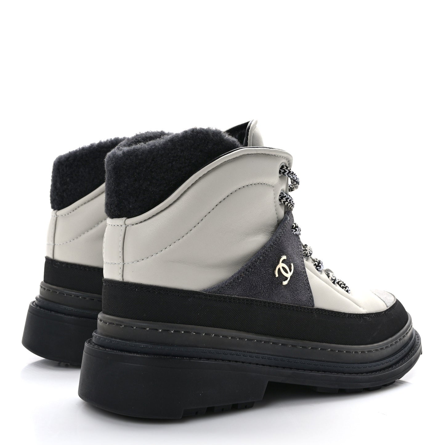 Lambskin Shearling Suede CC High Lace Up Boots 39 Grey Black