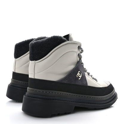 Chanel Lambskin Shearling Suede CC High Lace Up Boots 39 Grey Black 4 of 10