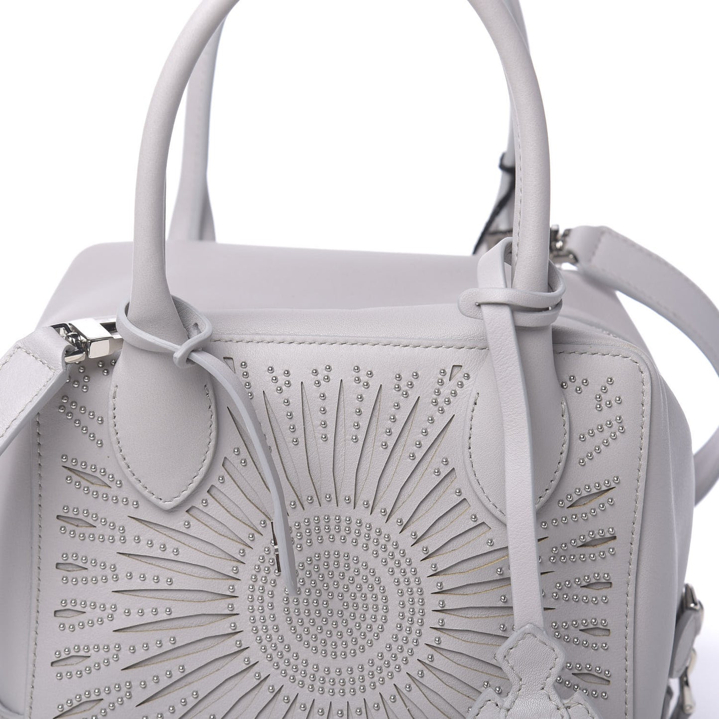 Calfskin Lux Laser Cut Studded Small Elga Top Handle Bag Grey