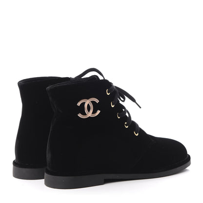 Chanel Velvet CC Lace Up Boots 40.5 Black 4 of 8
