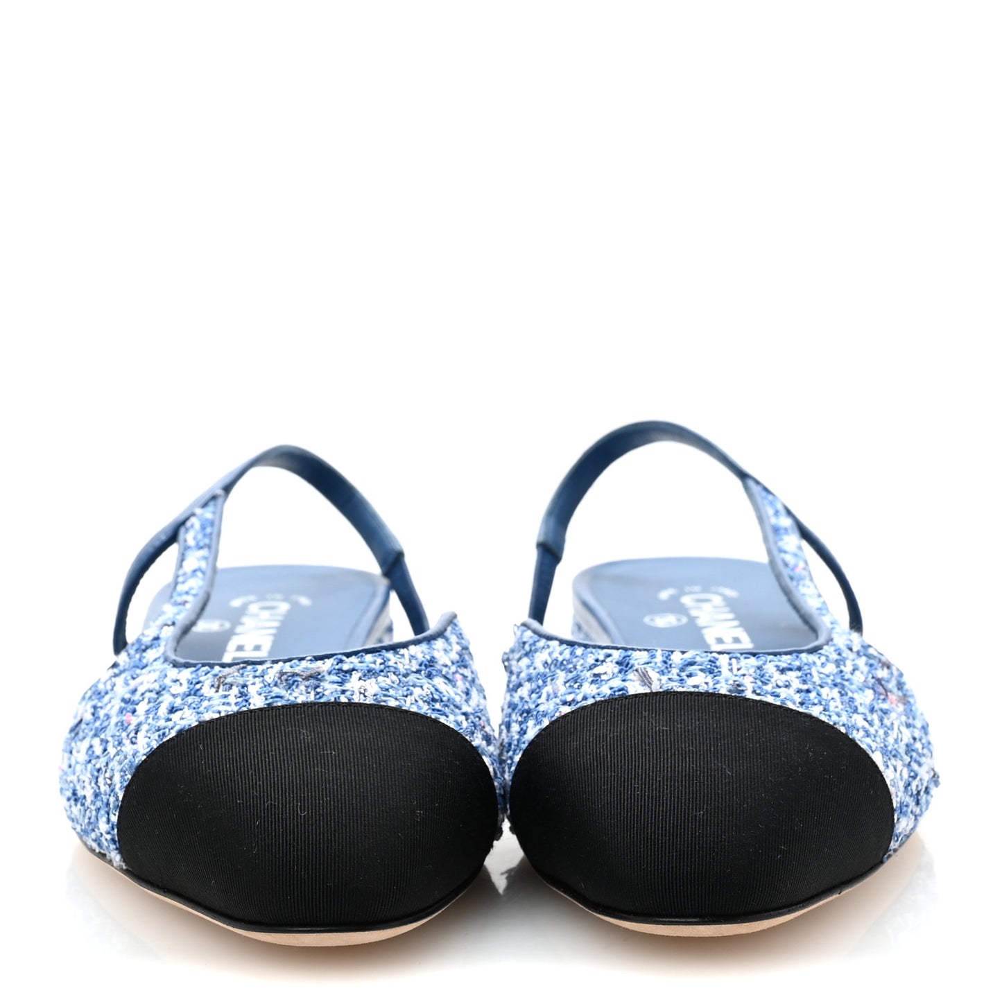 Tweed Grosgrain Cap Toe Slingback Flats 39.5 Blue White Black