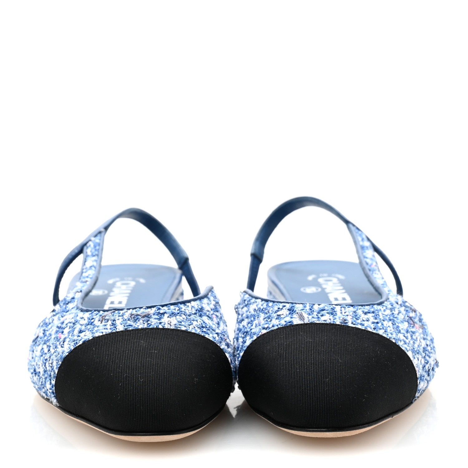 Chanel Tweed Grosgrain Cap Toe Slingback Flats 39.5 Blue White Black 3 of 10
