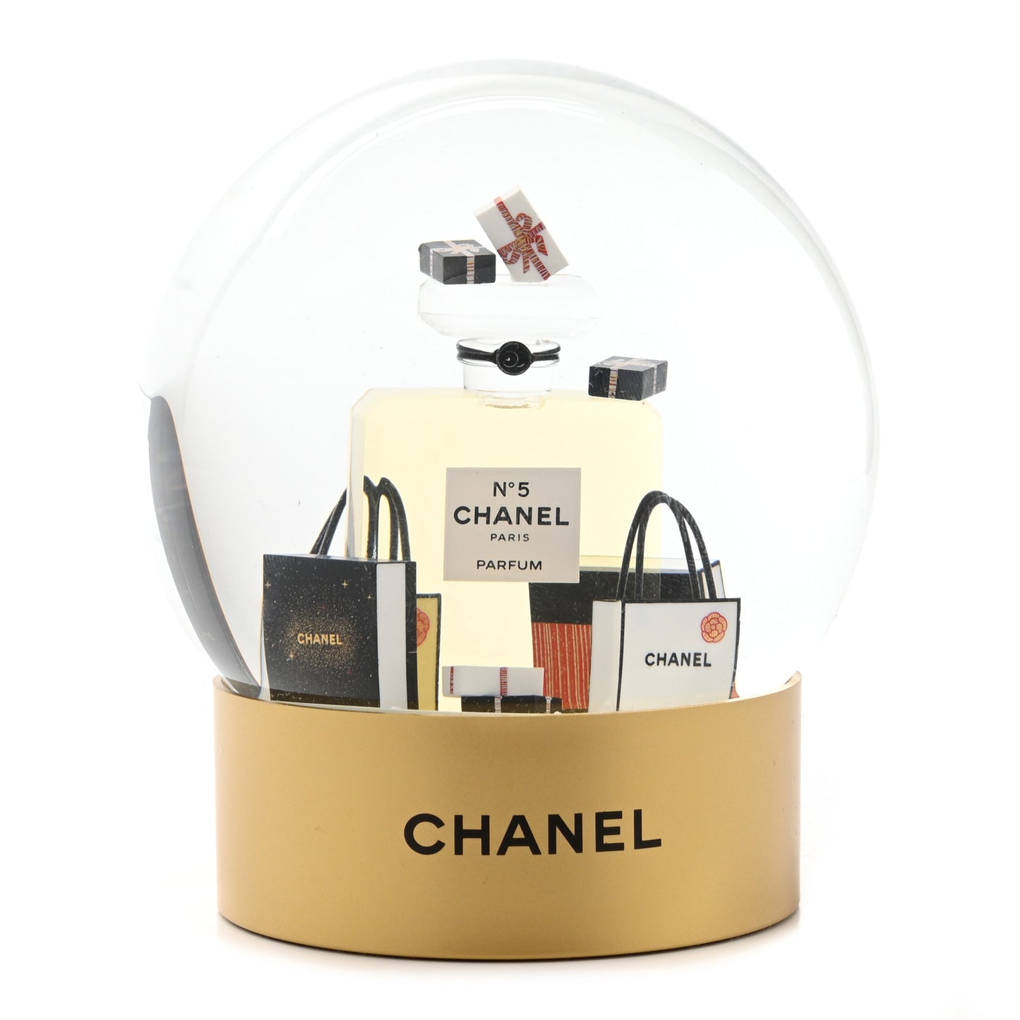 Glass N°5 Perfume Bottle Snow Globe Gold